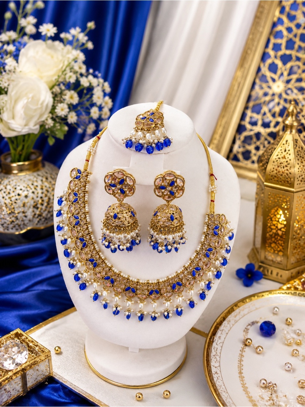 Gold and Royal Blue Kundan Necklace Set with Jhumka Earrings - Women Jewelry